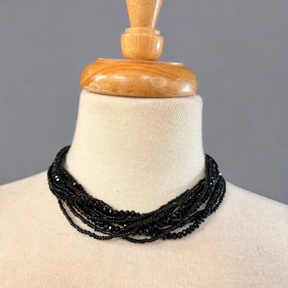 Faceted Black Glass Bead Multi-Strand Necklace with Rhinestone Magnetic Clasp - Picture 2 of 4